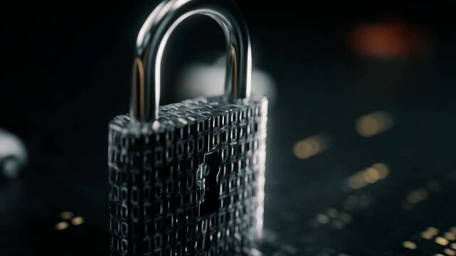 Shiny metallic lock stands upright. Digital code flows behind it in glowing streams. Dark background highlights the lock's reflective surface. Faint bokeh lights add depth and mystery