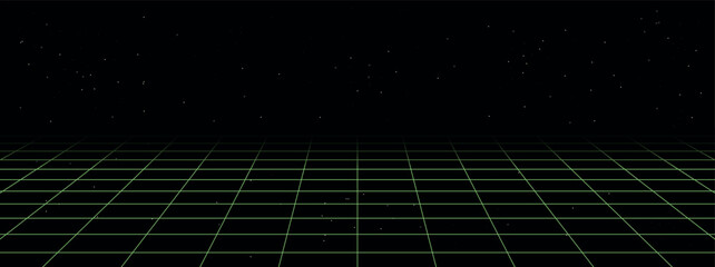 Futuristic retro synthwave landscape with green perspective grid with stars sky. Abstract wireframe digital horizon background in cyber punk style © Nastya