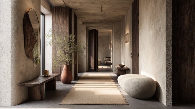 A hallway interior in a Japandi-style apartment. Soft tones, natural materials, textures of linen, wood, and stone, and diffused natural light.
