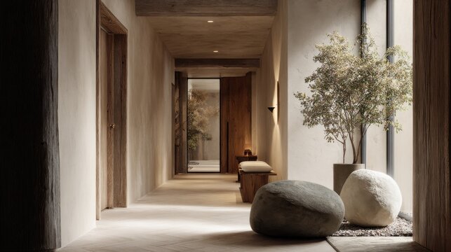 A hallway interior in a Japandi-style apartment. Soft tones, natural materials, textures of linen, wood, and stone, and diffused natural light.
