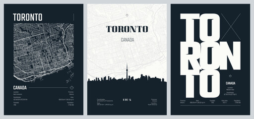 Obraz premium Set of travel posters with Toronto is the capital city of the Canadian province of Ontario, detailed urban street plan city map, Silhouette city skyline, vector artwork, set 2