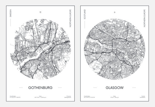 Travel poster, urban street plan city map Gothenburg and Glasgow, vector illustration