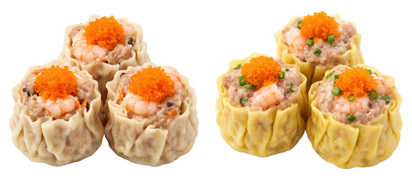 bundle of steamed asian shumai dumplings with shrimp and roe isolated on a transparent background