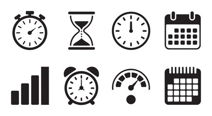 Fototapeta premium Collection of icons representing time, scheduling, progress, and measurement. Includes stopwatch, calendar, graph, alarm, and clock faces.