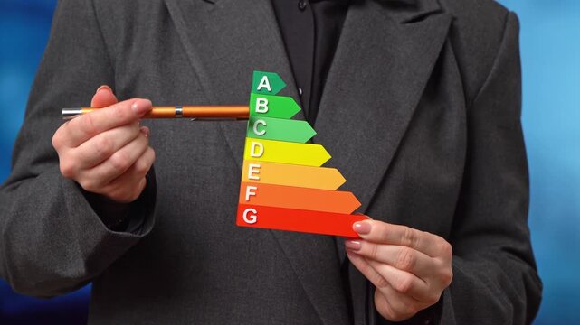 A woman explains the energy efficiency scale. Environmental friendliness and cost-effectiveness of energy resources. Environmental standards for equipment, appliances, and housing.