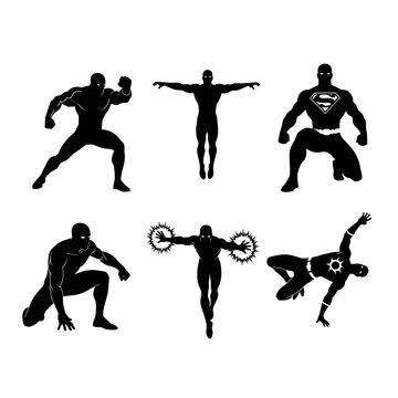 Superhero silhouette collection, 6 comic book character vector set, muscular heroic figures in action poses, black and white graphic icons for gaming