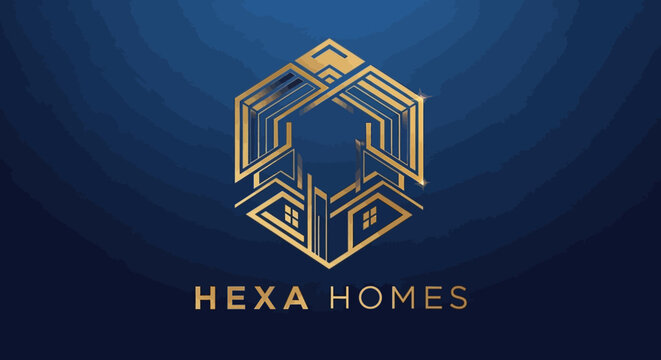 Hexa Homes logo on blue background.