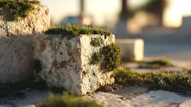 Moss grows on weathered stone blocks bathed in golden light. A shallow depth of field