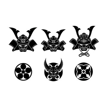 Japanese Samurai Helmet and Mon Crest Vector Set, Traditional Kabuto Warrior Masks, Black and White Bushido Symbols for Logo Design