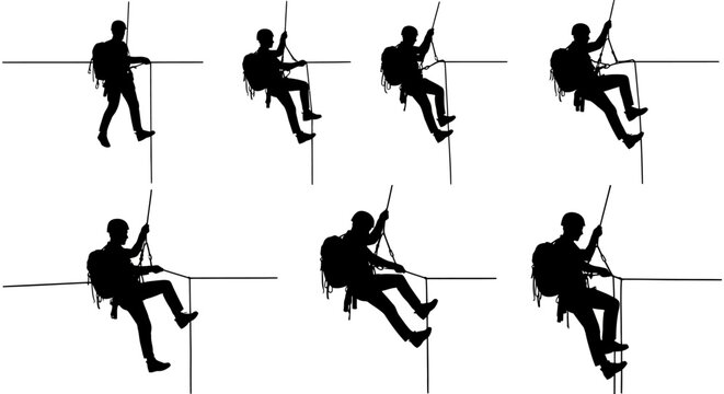 Rock climbing silhouette set, mountain climber rappelling down cliff vector, extreme sports athlete descending with ropes and gear