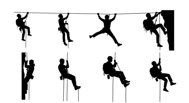 Rock climbing silhouette set, mountain climber rappelling and bouldering vector icons, extreme sports athletes on ropes and cliffs