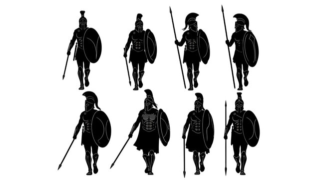 Ancient Greek Spartan warrior silhouettes, 8 hoplite soldier vector set with spears and shields, black gladiator icons for history and gaming