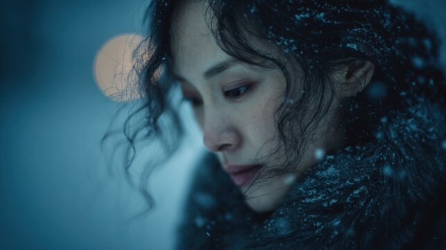 A soft emotional portrait of a Japanese woman standing still as snow falls, her gaze lowered with a subtle wistful expression, serene and introspective mood

