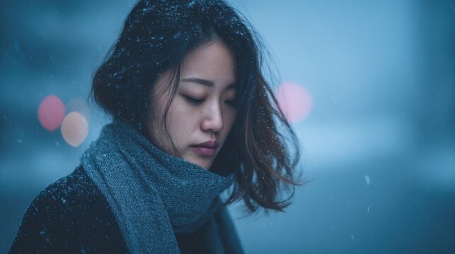 A soft emotional portrait of a Japanese woman standing still as snow falls, her gaze lowered with a subtle wistful expression, serene and introspective mood
