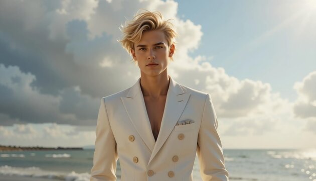 Confident young man in elegant seaside light