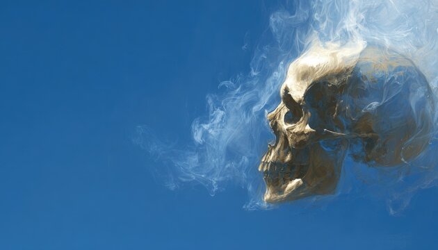 Smoky skull fading into clean blue sky, dramatic realism