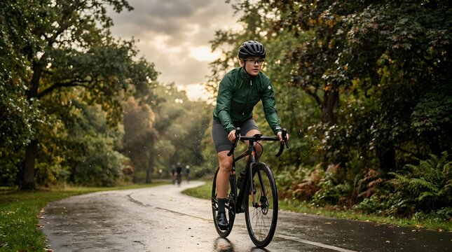 A cyclist in a green jacket and helmet rides along a winding path in a park. The scene shows trees and overcast skies with rain beginning to fall. Another cyclist is visible in the background