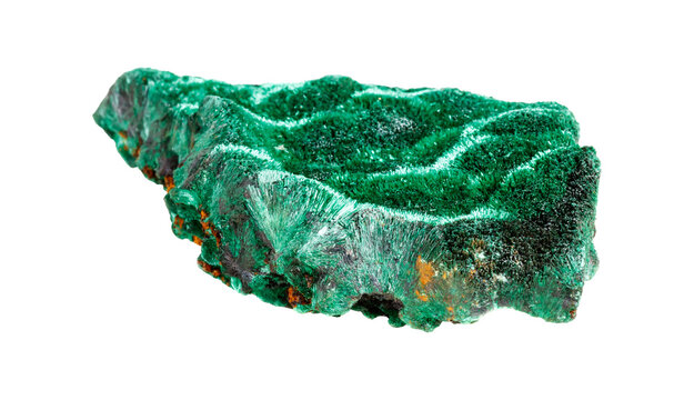 Natural malachite stone with distinctive green copper ore patterns displaying geological mineral structure and raw crystalline matrix formation on isolated backdrop