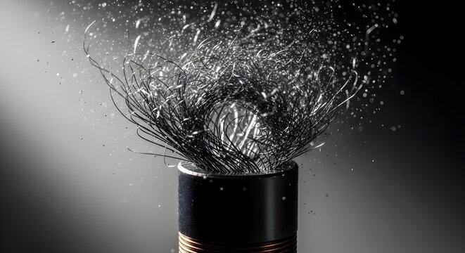 Abstract explosion of fine metal wires and particles from a cylindrical base in a dark studio setting