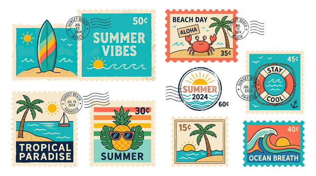 Summer Vacation Stamps: Beach, Surf, Pineapple, Crab, Ocean Waves