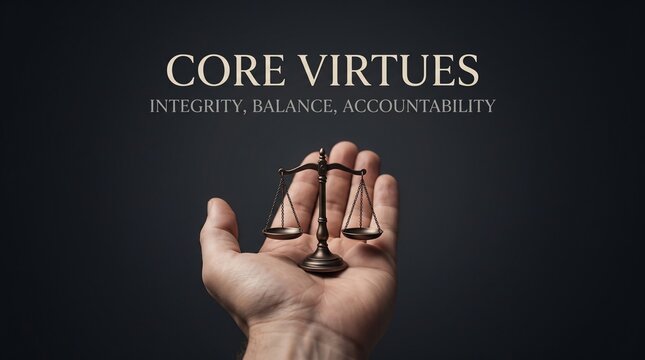 A human hand holding a classic brass scale of justice against a dark background with text overlay representing core virtues of integrity with minimalist professional style