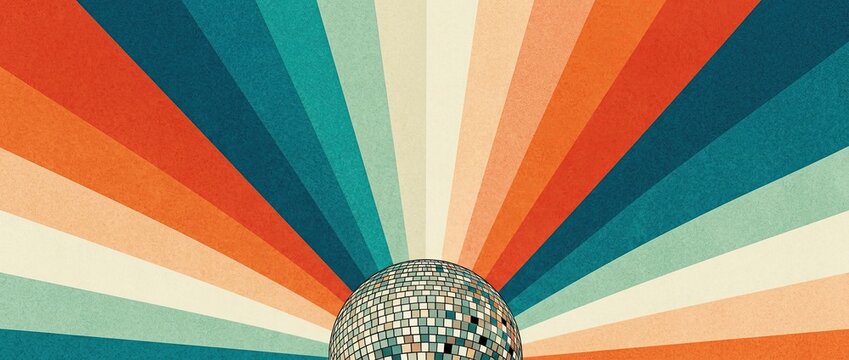 Retro sunburst background with teal orange and cream radial rays and glittering disco ball, vintage seventies style illustration for party posters, banners and music design artwork