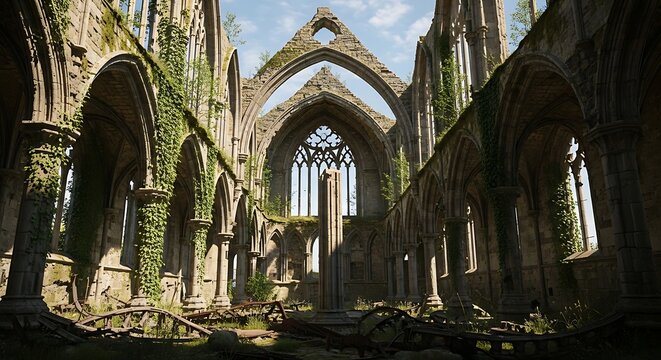 Ancient Gothic Abbey Ruins Overgrown with Ivy in Sunlit Stone Interior