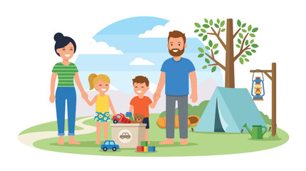 A happy family of four stands together at a campsite with a tent, toys, and a lantern, enjoying a sunny day outdoors in nature. © Violet
