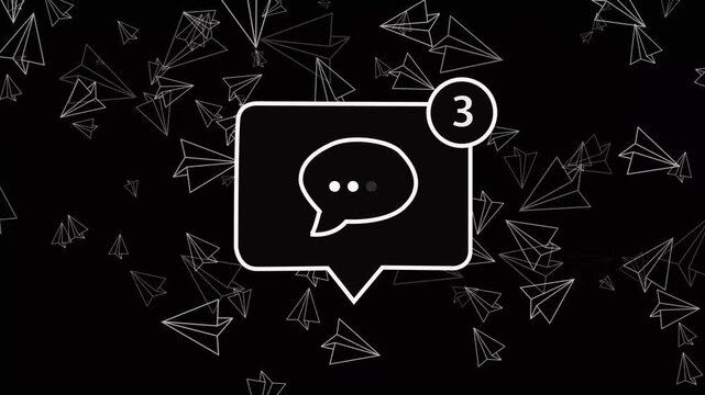 Glowing blue  neon chat box 3 with speech bubble and paper airplanes on black background for  messaging  app or social media notification concept 4k