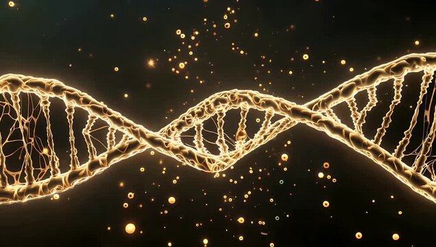 4K 3D rendering of DNA plexus with golden particles on dark background highlighting molecular structure connectivity scientific visualization educational biotech medical stock 