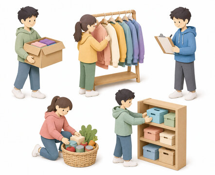 Community volunteers packing donation boxes sorting clothes and checking inventory list set
