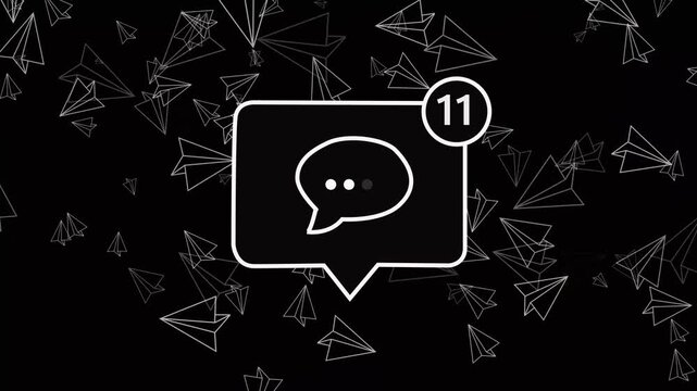 Glowing blue  neon chat box 11 with speech bubble and paper airplanes on black background for  messaging  app or social media notification concept 4k