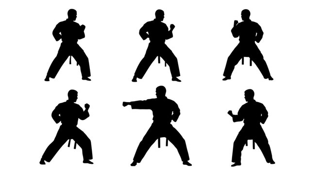 Martial arts karate silhouette collection, set of 6 fighter vector icons, black belt combat poses for dojo branding and sports design