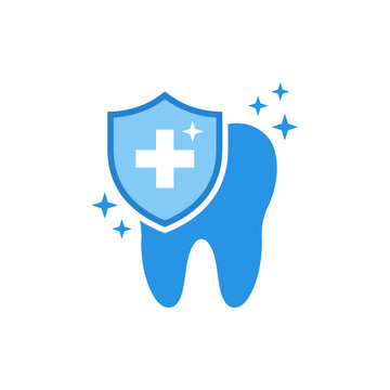 A bright blue tooth is shielded by a lighter blue protective crest. Stars around the tooth symbolize a radiant smile.