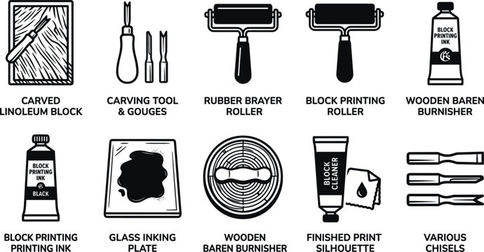 Professional Linocut and Block Printing Tools Set with Text Labels for Fine Art Crafting Workshops, Handmade Printmaking Studios, and Creative Graphic Hobby Vector Elements