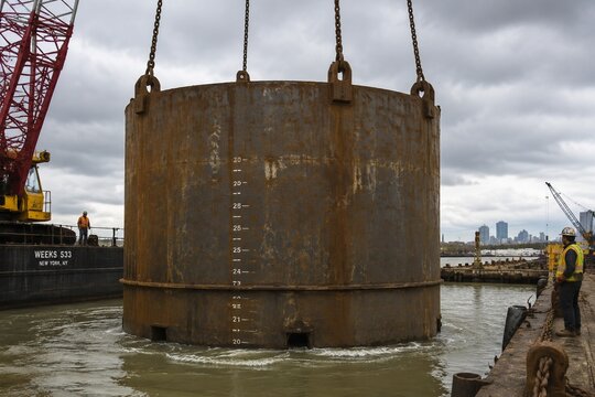 Massive steel caisson being lowered into murky harbor water, rusted surface, industrial chains.