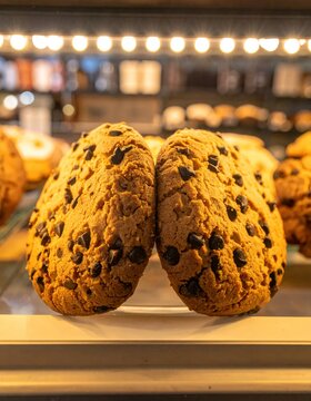 Two large chocolate chip cookies displayed in a bakery case with soft lighting.
