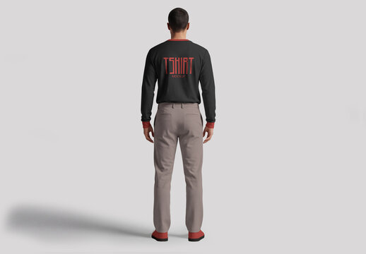 Men Full Sleeve T-Shirt Mockup Back View - Realistic Male Model Apparel