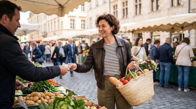 Smiling woman paying cash for fresh produce while carrying a wicker grocery basket at a busy outdoor market.