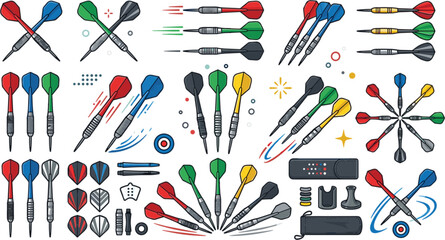 Colorful dart game equipment collection with flying darts targets accessories and sports icons for competition recreation and vector design © Ratna