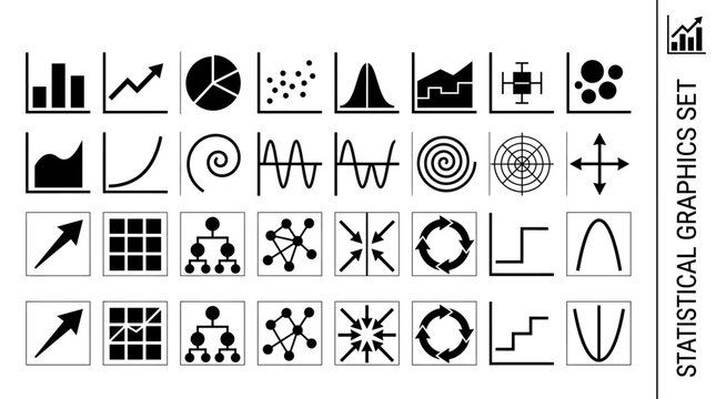 Vector silhouette icon set of statistical graphics, data visualization charts, mathematical plots, and business diagrams