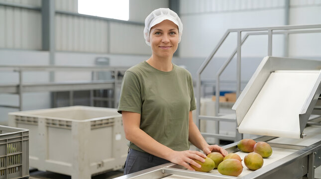 Smiling Woman Worker Sorting Mangoes on Conveyor Belt in Factory