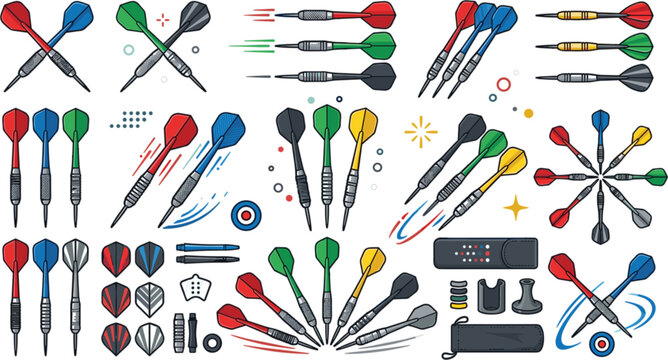 Colorful dart game equipment collection with flying darts targets accessories and sports icons for competition recreation and vector design
