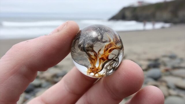 Hand holding a transparent, orb-shaped object with internal black and brown designs, beach background