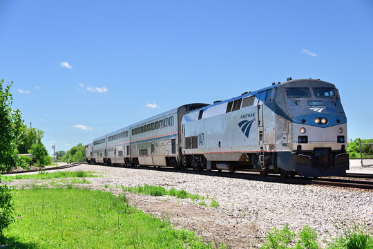 Amtrak's northbound Borealis roaring through southern Wisconsin.. The Brealis service connects Chicago with St. Paul, Minnesota and intermediate stops.