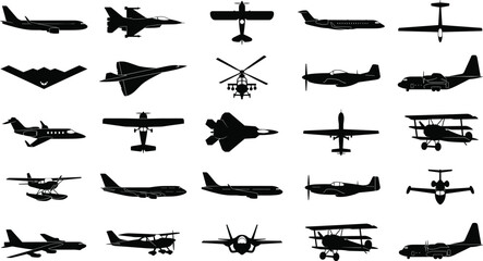 Aviation airplanes and military jets silhouettes collection, aircraft vehicles flat vector illustration © VectoPro