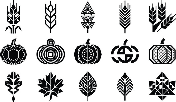 Geometric autumn harvest wheat pumpkins and leaves black vector icons collection set on white background