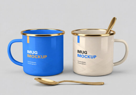 Double Enamel Mug Mockup with Gold Rim and Spoon
