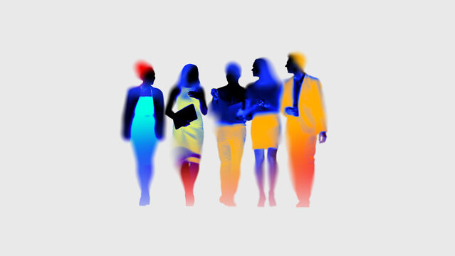 Business professionals standing together with colorful silhouettes. Concept of business networking, team building, workplace collaboration, consulting services and corporate communications.
