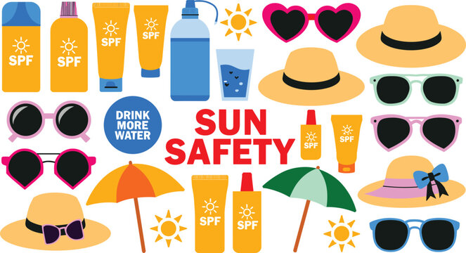 Sun safety protection flat vector icon set with summer sunscreen lotion sunglasses hats and umbrella elements